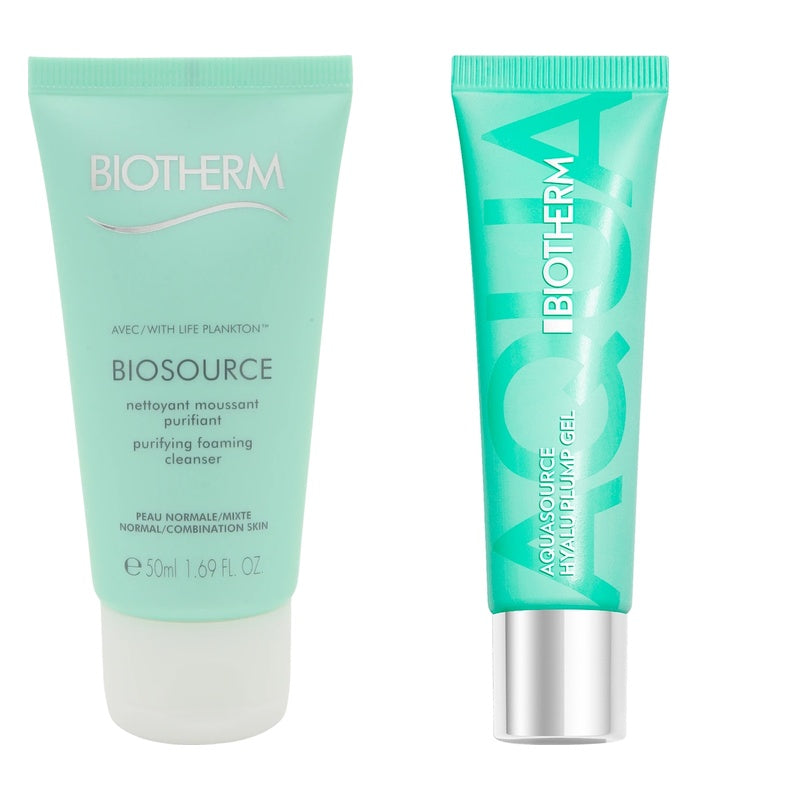 Biotherm Aquasource Hyalu Plump Gel 30ml and Biosource Foaming Cleanser 50ml on white background