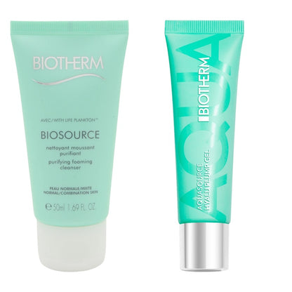 Biotherm Aquasource Hyalu Plump Gel 30ml and Biosource Foaming Cleanser 50ml on white background