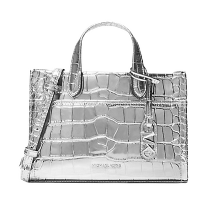 Michael Kors Gigi Crocodile Embossed Leather Messenger Bag Metallic Silver