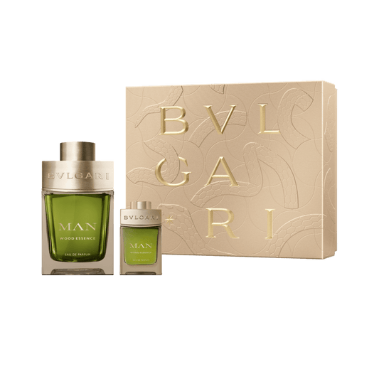 Bvlgari Man Wood Essence 100ml and 15ml Eau de Parfum gift set on white background