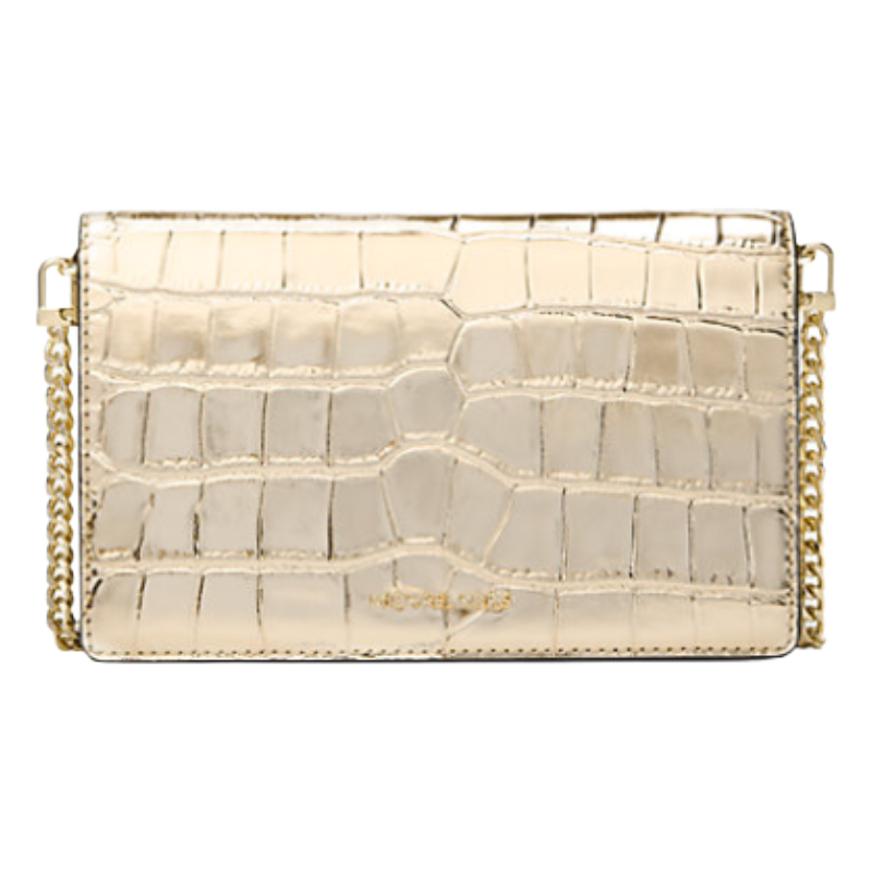 Michael Kors Jet Set Medium Metallic Crocodile Embossed Leather Crossbody Bag Pale Gold