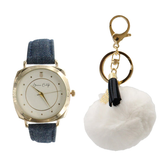 Jessica Carlyle Women's Blue Strap Watch And White Fluffy Pineapple Keyring Set 2229