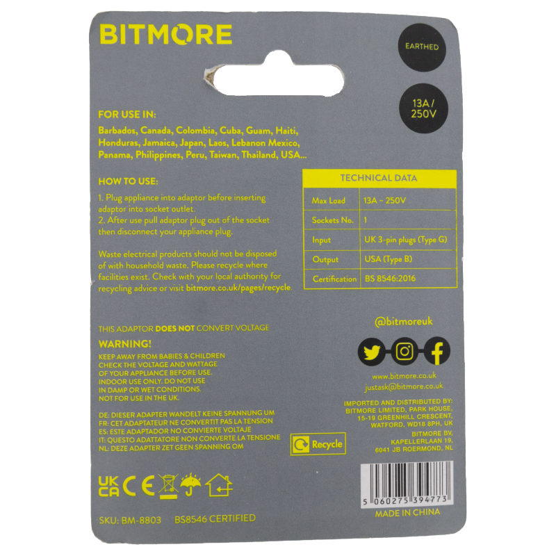 Bitmore UK/USA Plug Adaptor