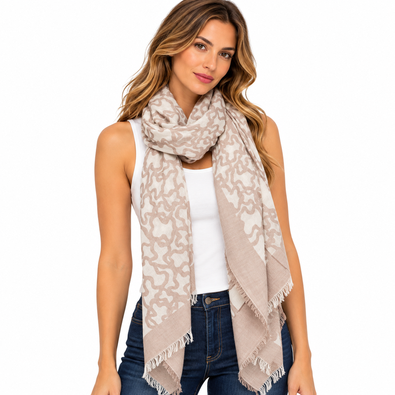 Tous Kaos Beige & White Cotton Scarf