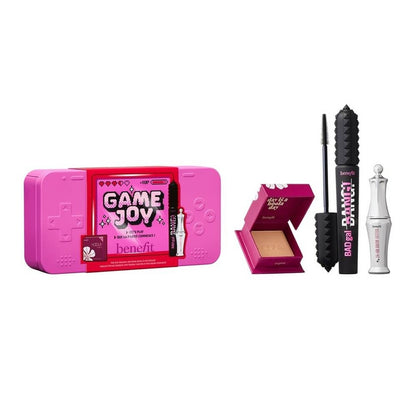 Benefit Game Joy makeup set with pink console-shaped tin and packaging