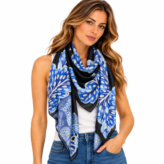 Salvatore Ferragamo Blue & Black Print Silk Scarf