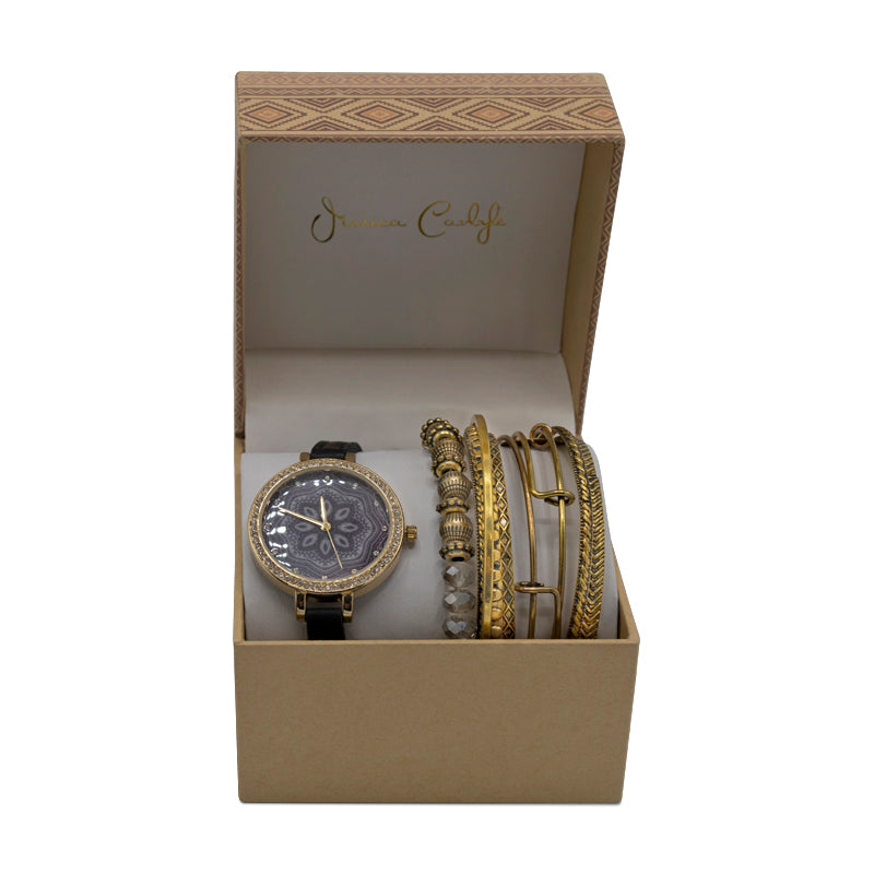 Jessica Carlyle Black Flower Pattern Women's Watch & Bangle Set 1781