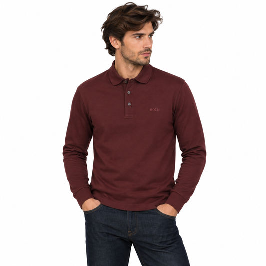 Hugo Boss Pado 30 Long Sleeved Polo Shirt Dark Red Men's