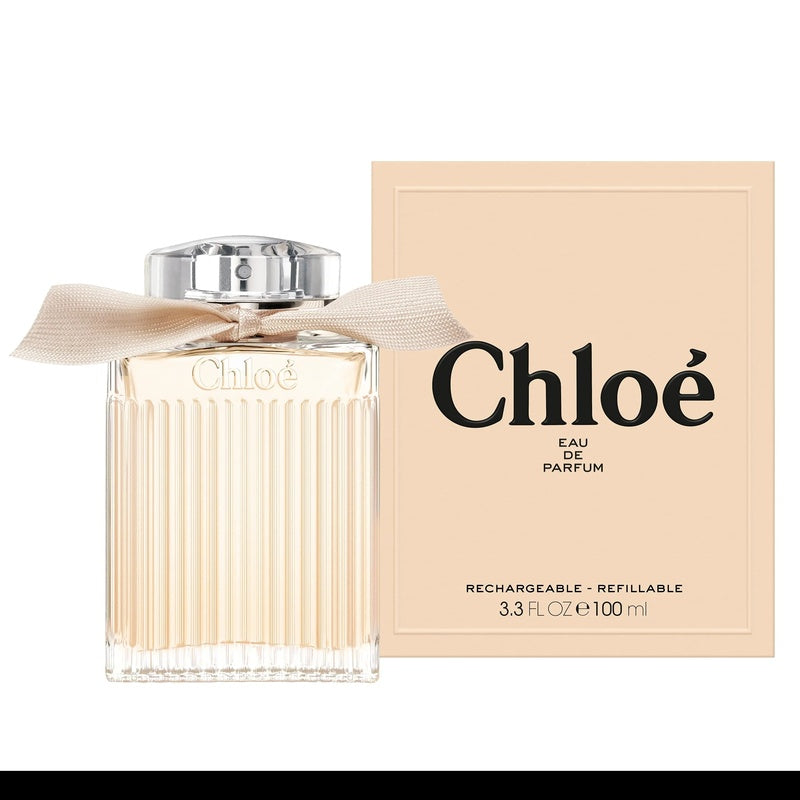 Chloé Eau de Parfum 100ml refillable bottle with its packaging box on a white background