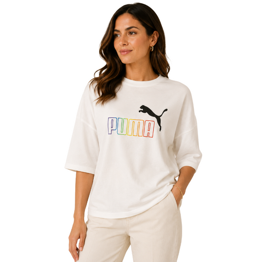 Puma Women's Rainbow Logo Graphic White Relaxed T-Shirt