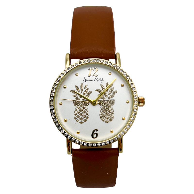 Jessica Carlyle Women's Gold Pineapple Watch & Gold Letter Bracelet Set 1928
