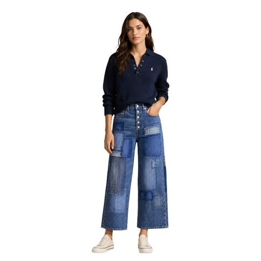 Ralph Lauren Polo Indigo Patchwork Cropped Wide Leg Jeans Women's