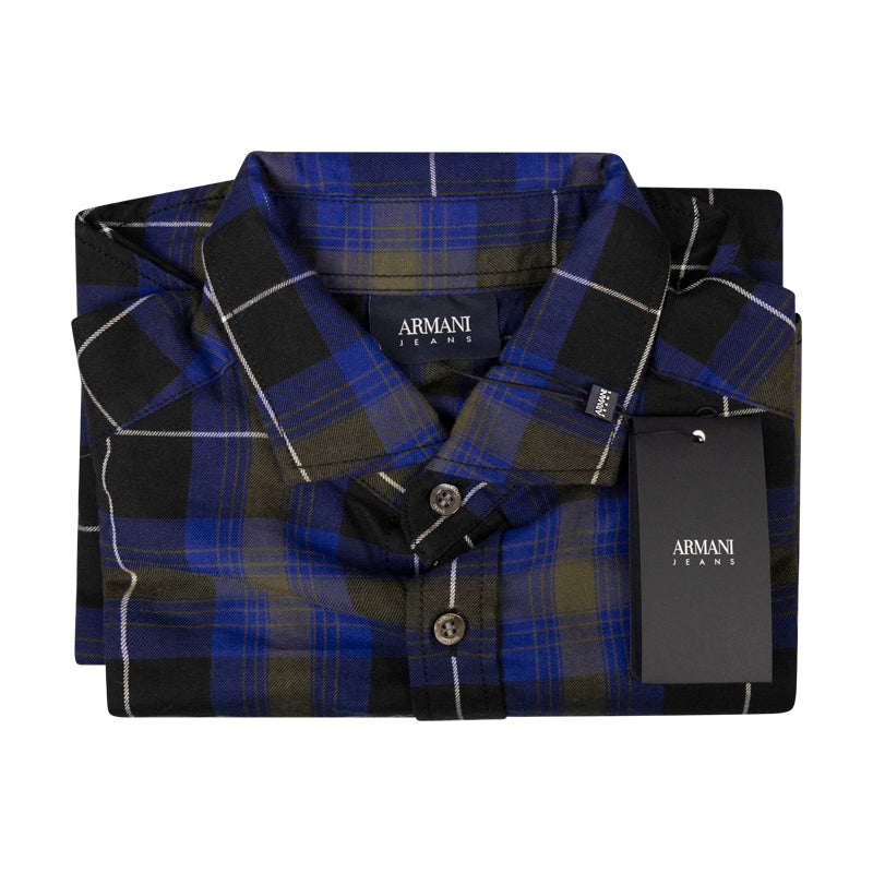 Armani Men's Blue & Black Check Shirt Small