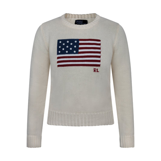 Ralph Lauren Polo Womens Flag Cotton Crewneck Jumper Parchment Cream