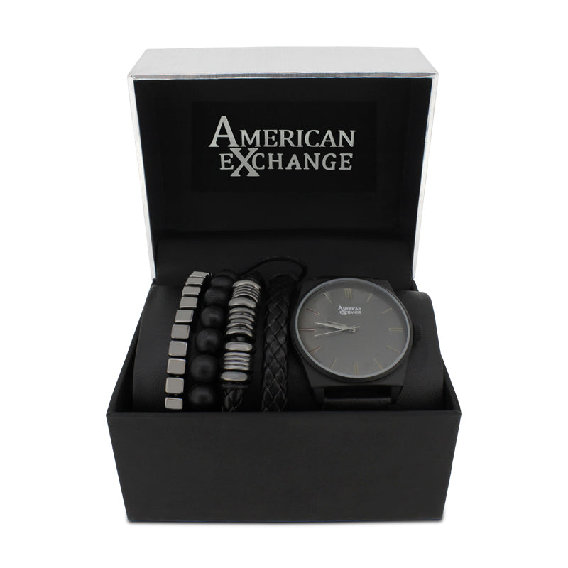 American Exchange Black Mens Watch And Bracelet Set 5183 *Ex-Display*