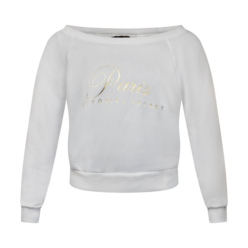 Victoria's Secret Off Shoulder Fleece 'Paris' White Sweatshirt Large