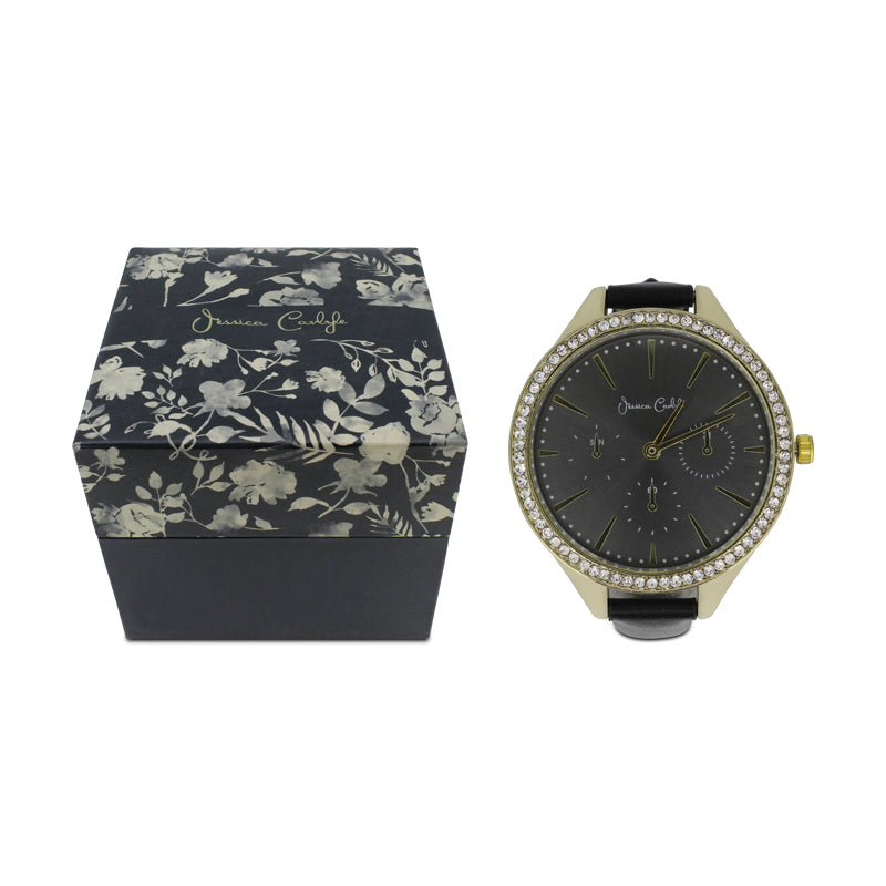 Jessica Carlyle Black & Gold Crystal Watch with Bracelet Set 2494