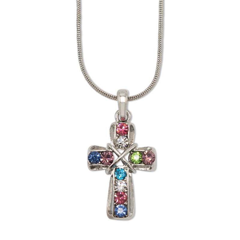 Cool Jewels Silver Snake Chain Rhinestone Cross Necklace