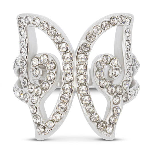 Covet Rhodium Cubic Zirconia Pave Butterfly Silver Ring - Size 6