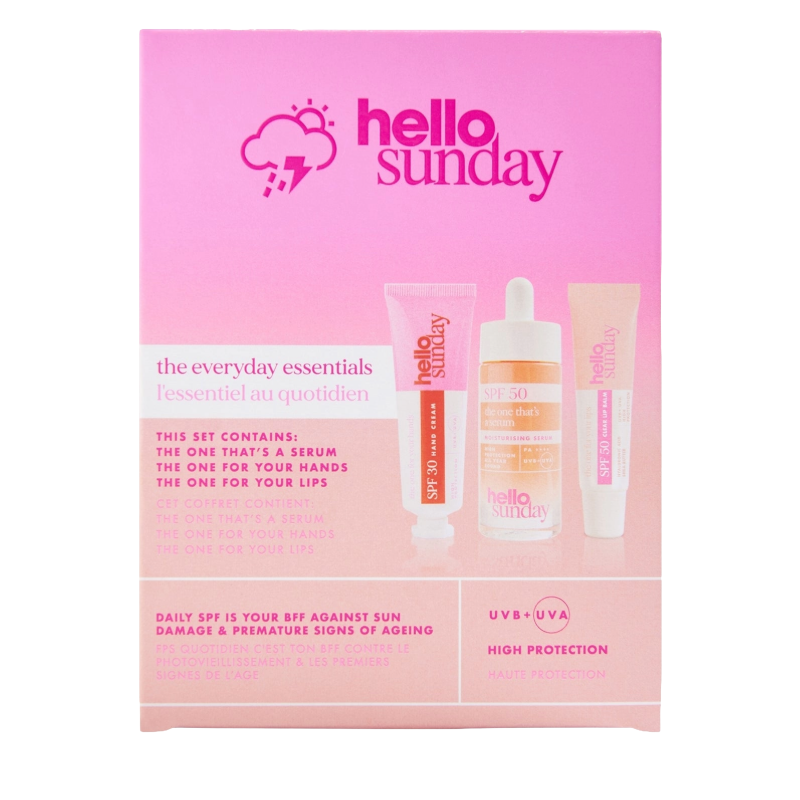 Hello Sunday Essentials Kit SPF Skincare Set Serum Lips Hands (Blemished Box)