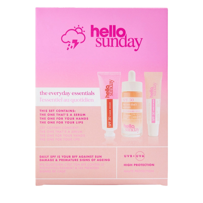Hello Sunday Essentials Kit SPF Skincare Set Serum Lips Hands (Blemished Box)