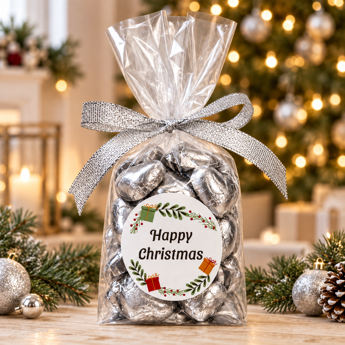 30 Milk Chocolate Christmas Hearts Gift Bag - Silver