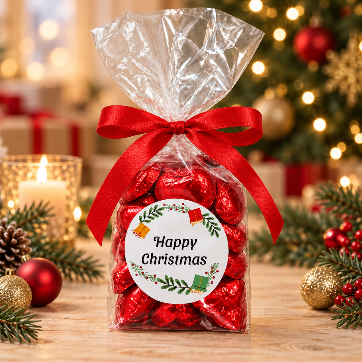 30 Milk Chocolate Christmas Hearts Gift Bag - Red