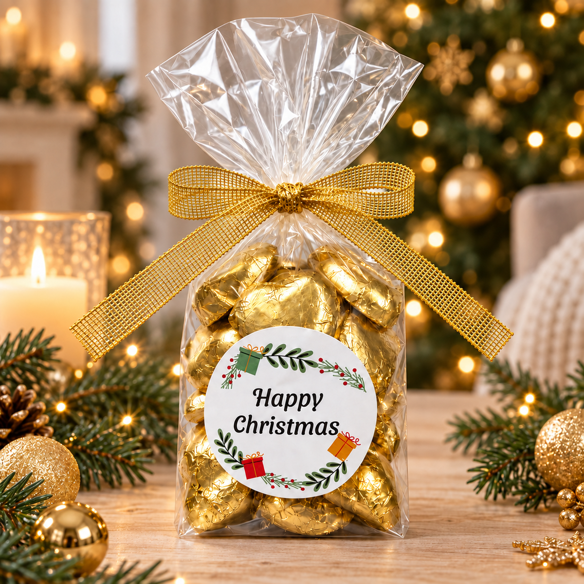 30 Milk Chocolate Christmas Hearts Gift Bag - Gold