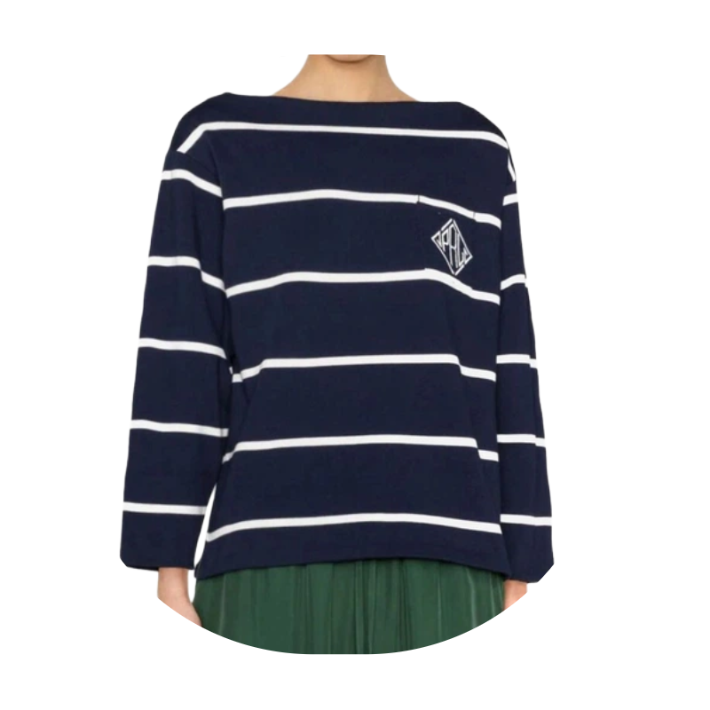 Ralph Lauren Monogram Logo Striped Jersey Long Sleeve Top Navy Women's