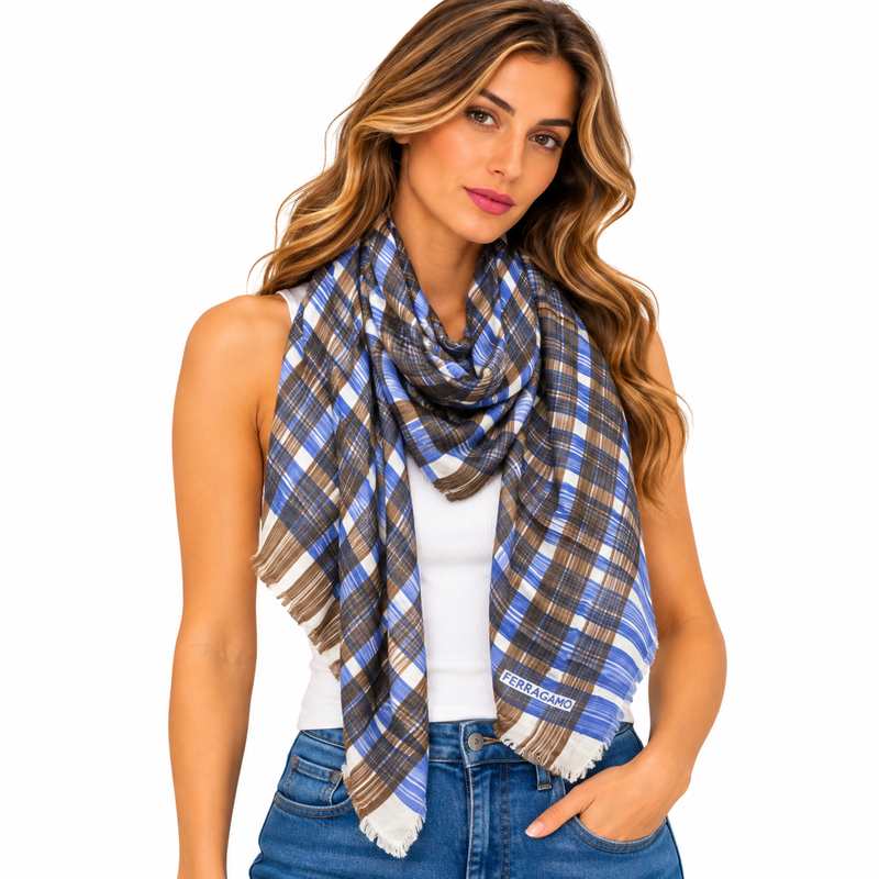 Salvatore Ferragamo Blue & Brown August Modal/Cashmere Scarf