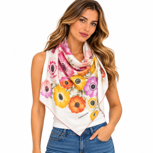 Salvatore Ferragamo Anemone Print Flower Silk Scarf