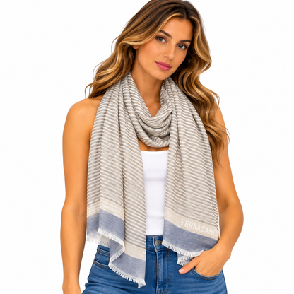 Salvatore Ferragamo Beige & Blue Check Cotton Scarf