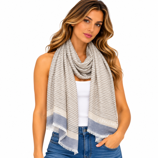 Salvatore Ferragamo Beige & Blue Check Cotton Scarf