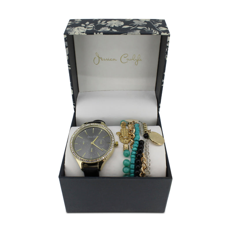 Jessica Carlyle Black & Gold Crystal Watch with Bracelet Set 2494