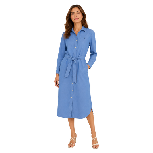 Ralph Lauren Polo Cotton Poplin Belted Shirt Dress Blue Women's