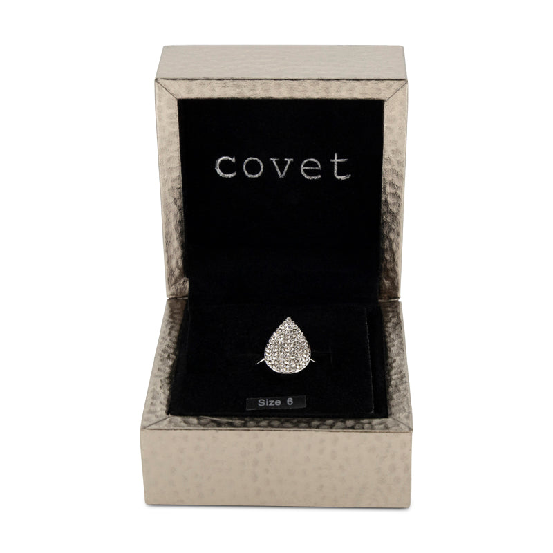 Covet Rhodium Cubic Zirconia Teardrop Pave Silver Ring - Size 6