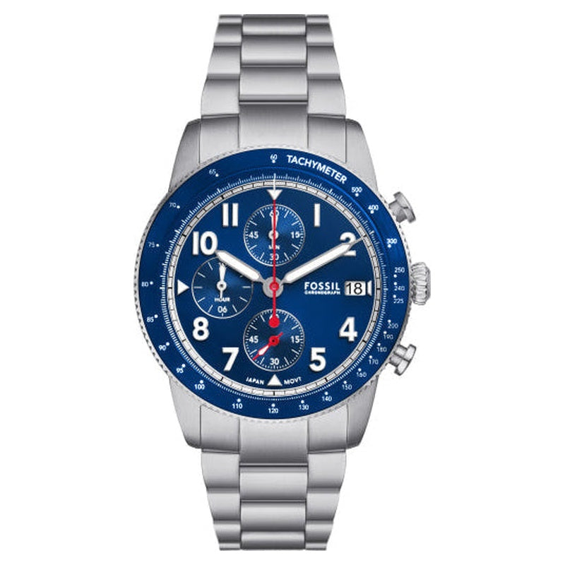 Fossil Sport Tourer FS6047 blue chronograph watch with silver stainless-steel bracelet