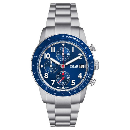 Fossil Sport Tourer FS6047 blue chronograph watch with silver stainless-steel bracelet