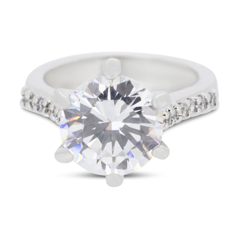 Covet Rhodium Cubic Zirconia 6 Prong Silver Ring - Size 5