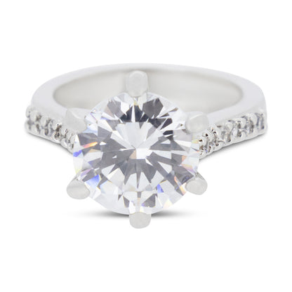 Covet Rhodium Cubic Zirconia 6 Prong Silver Ring - Size 5
