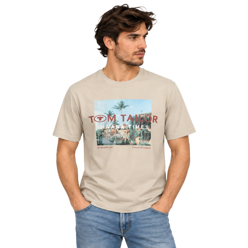 Tom Tailor T-Shirt Mens Havana Times Print Beige Brown