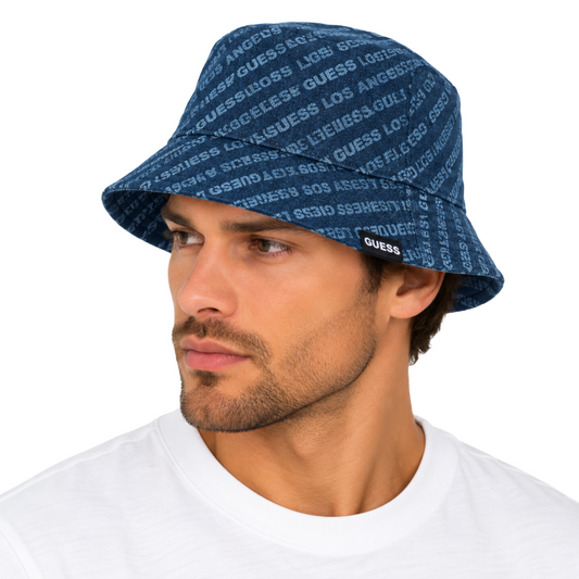 Guess Men's Blue Logo Cotton Bucket Hat | Men's Hat