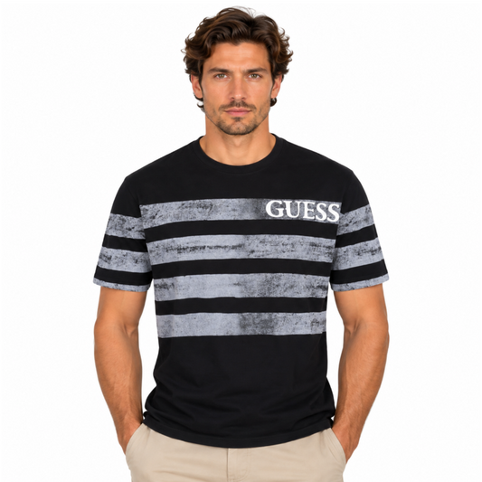 Guess Mens Classic Fit Striped Logo T-Shirt