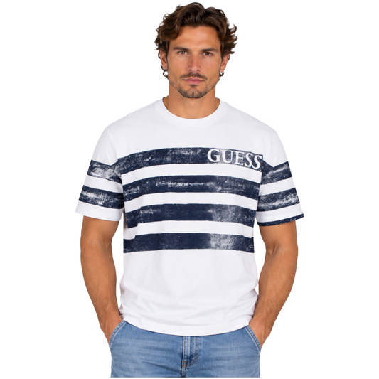 Guess Mens Classic Fit Striped Logo T-Shirt