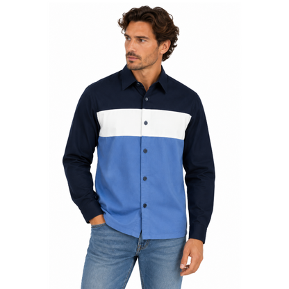 Hugo Boss Olson Men's Colour Blocked Relaxed Fit Shirt Open Blue
