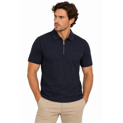 Hugo Boss Polston 35 Men's Zip Up Polo Shirt Dark Blue Slim Fit 