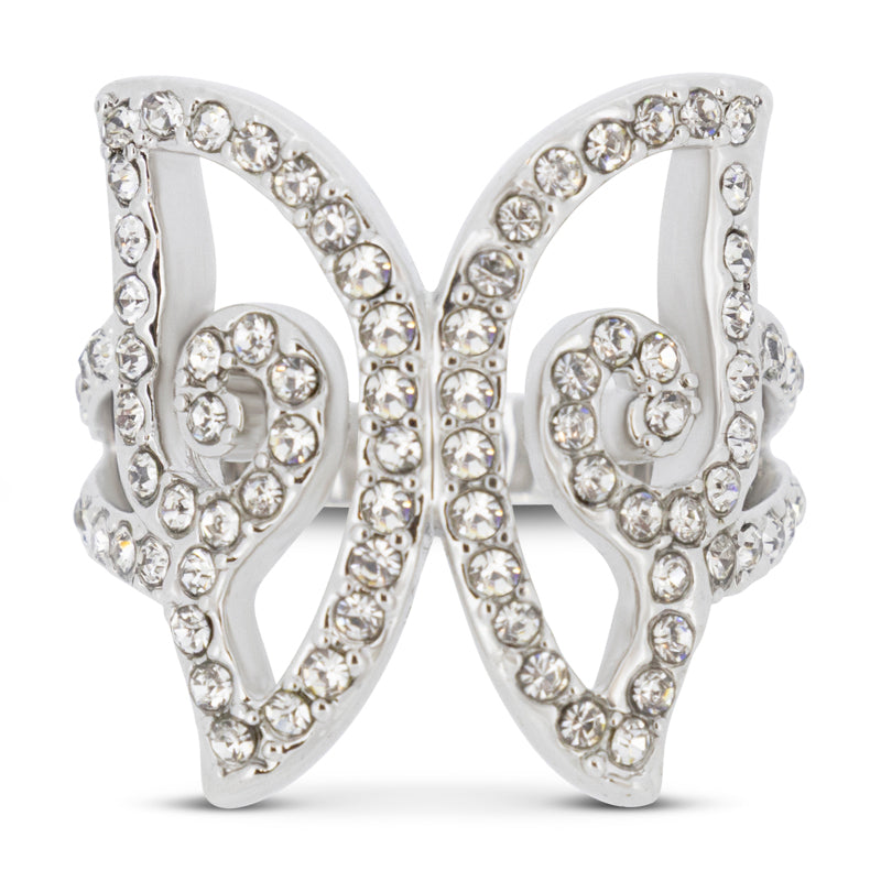 Covet Rhodium Cubic Zirconia Pave Butterfly Silver Ring - Size 5