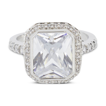 Covet Rhodium Cubic Zirconia Large Square Cut Silver Ring - Size 6