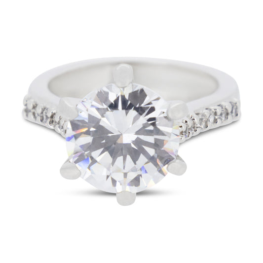 Covet Rhodium Cubic Zirconia 6 Prong Silver Ring - Size 6