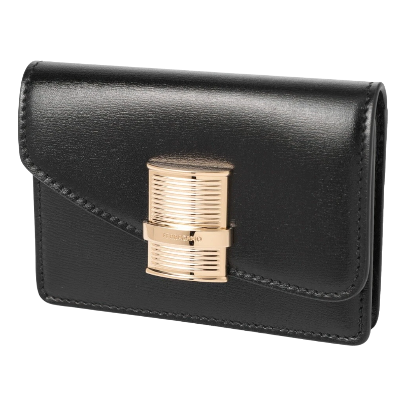 Salvatore Ferragamo Fiamma Leather Card Holder Black